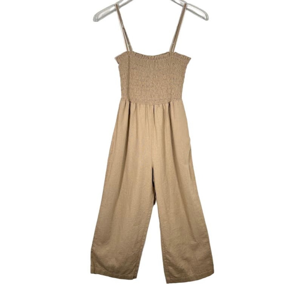 House of Harlow 1960 Women's Smocked Top Jumpsuit S Tan Wide Leg Capri Pockets